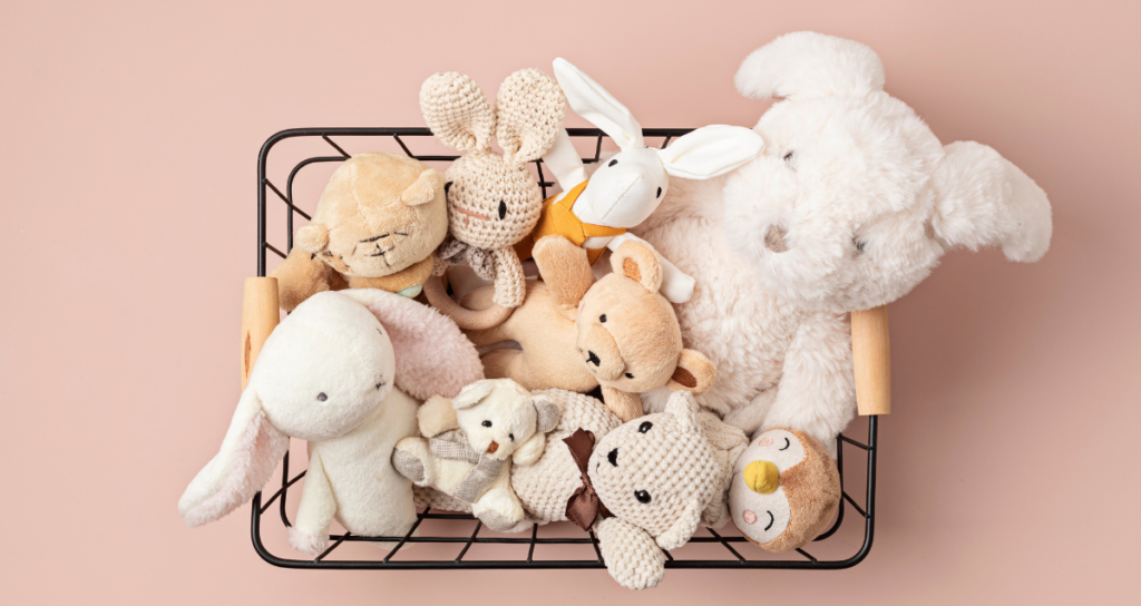 a bucket of plush toys