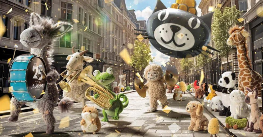 a group of stuffed animals in a street